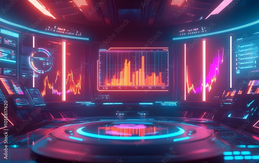 Poster futuristic data visualization room with neon lights, screens displaying complex graphs and analytics