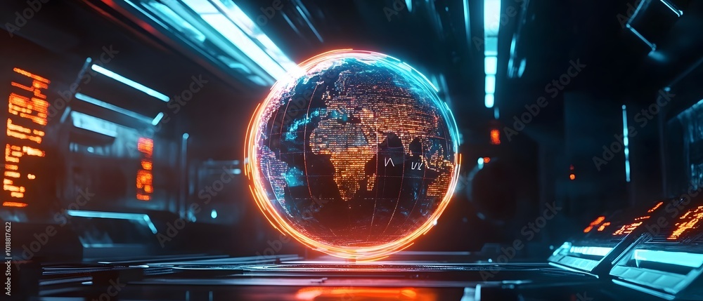 Poster futuristic globe visualization in a high-tech environment, showcasing interconnected data and illumi