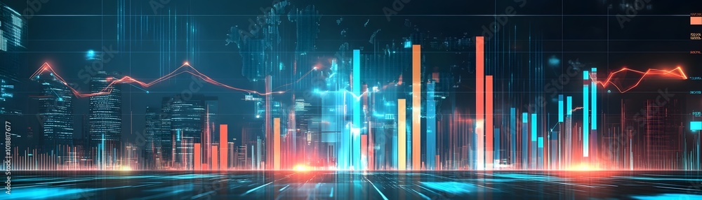 Poster dynamic visualization of data analytics with glowing graphs and charts representing trends and insig