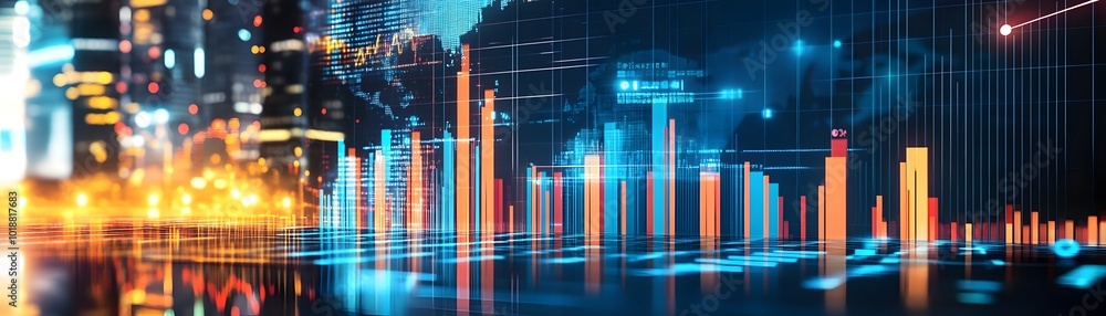 Aufkleber a vibrant cityscape showcasing financial data visualization, illuminated by dynamic graphs and moder