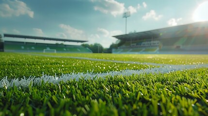 Soccer or football field with green grass and blue sky background