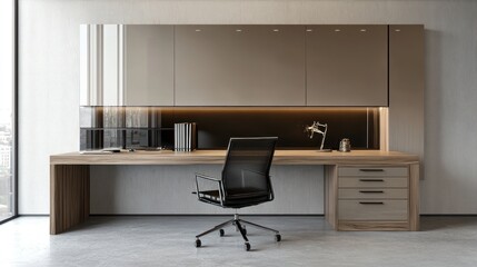 Modern office workspace featuring a sleek desk, ergonomic chair, and stylish storage.