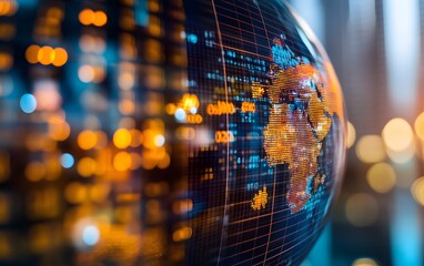 Obraz premium A close-up view of a glowing globe with data visualization elements, representing global connections and technology.