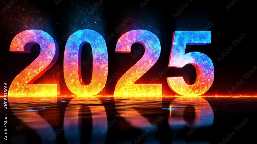 Poster bright and colorful 2025 numeral display against a dark background with glowing effects