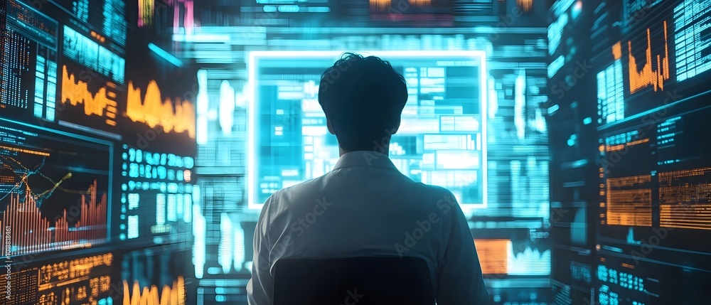 Aufkleber a focused person analyzes digital data and trends on multiple screens in a modern workspace. perfect