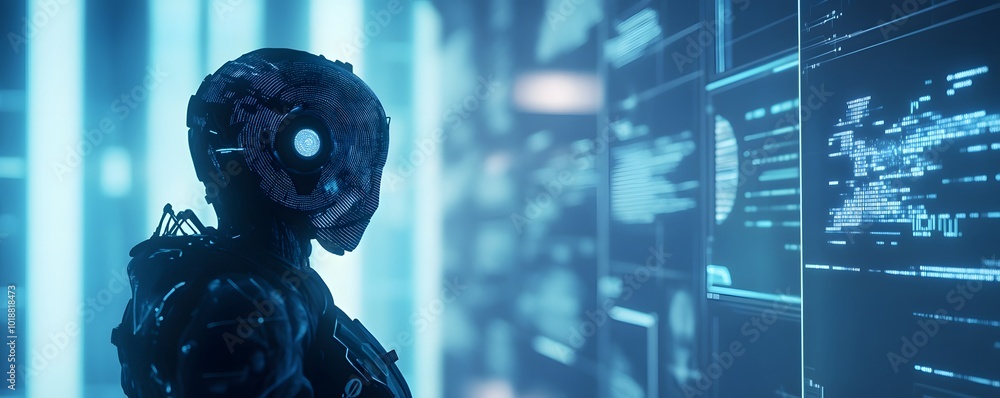 Poster futuristic robot stands in a high-tech environment, analyzing complex data on glowing screens.