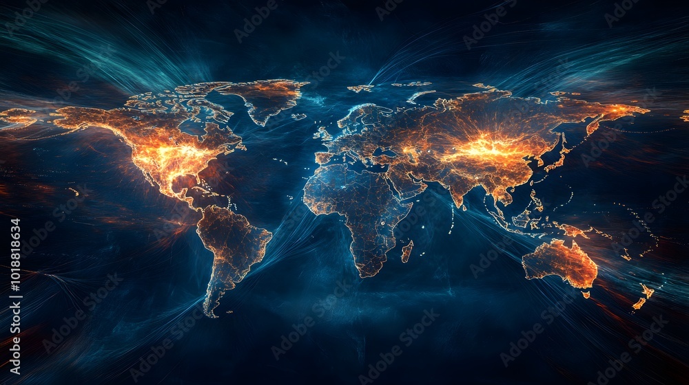 Poster vibrant world map with glowing lights, showcasing a dynamic representation of global connectivity an