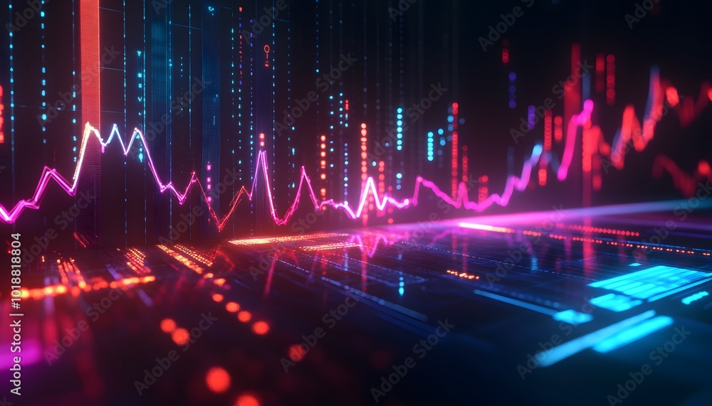 Poster abstract digital visualization of colorful data graphs and trends, showcasing the essence of technol