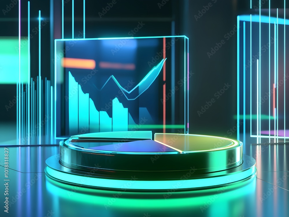 Poster futuristic data visualization featuring neon graphs and charts, ideal for illustrating technology an