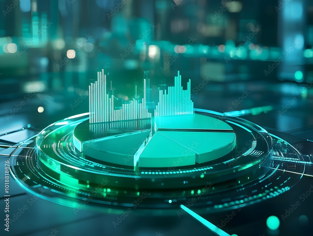 Poster futuristic data visualization showcasing 3d pie chart and bar graph elements in a vibrant, glowing d
