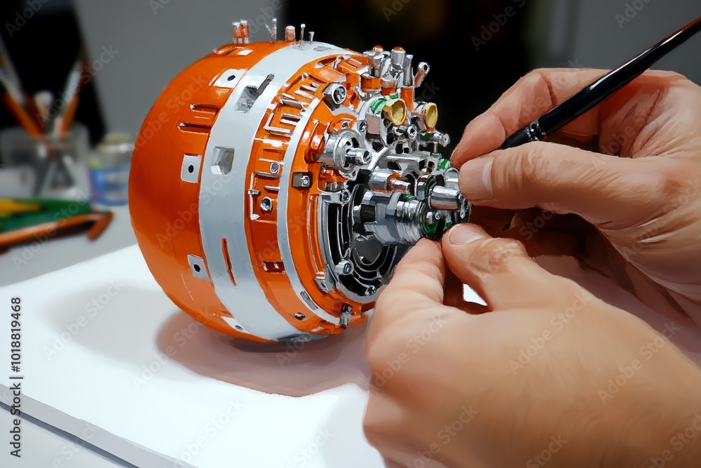Poster watercolor painting of an engineer reverse engineering a mechanical device, with soft colors capturi