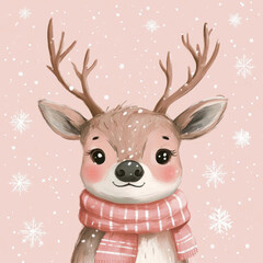 Cute reindeer with scarf and snowflakes on pink background.