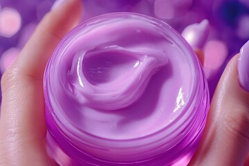 Female model hand holding cosmetic jar with purple cream