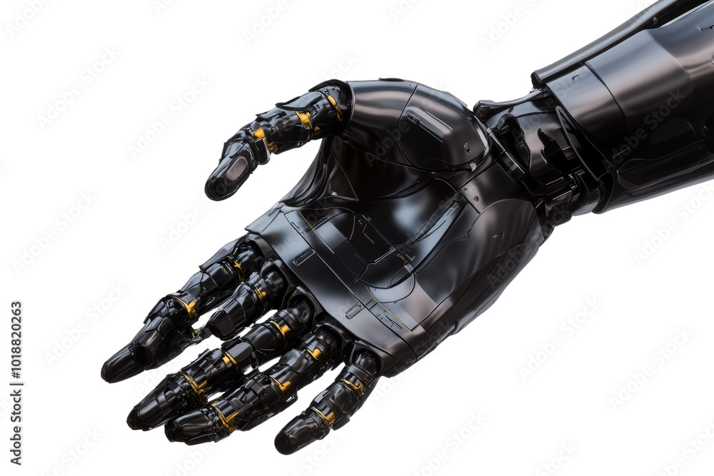 Poster Futuristic robotic hand, showcasing advanced mechanical design and technology against a white isolate background.