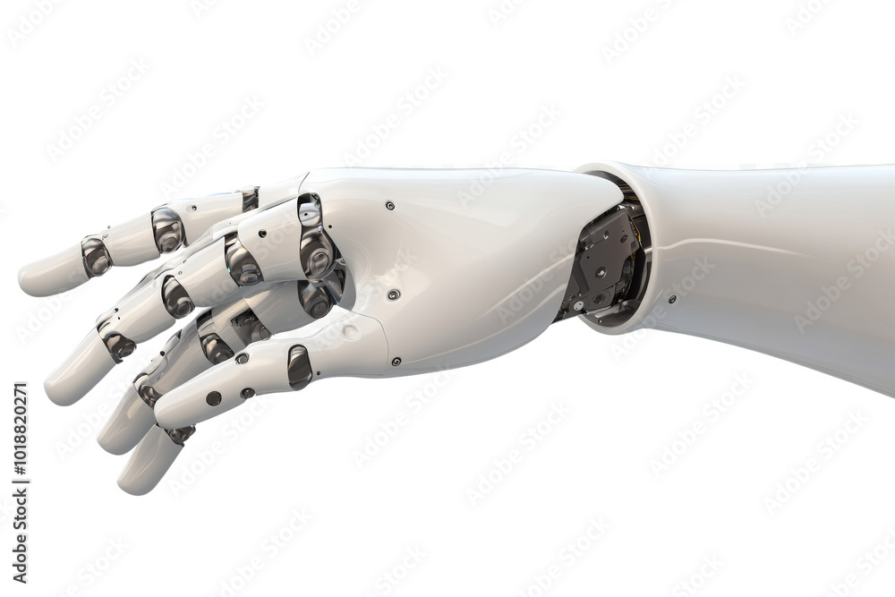 Poster robotic hand reaching out: a close-up of a white robotic hand with intricate metallic joints, extend