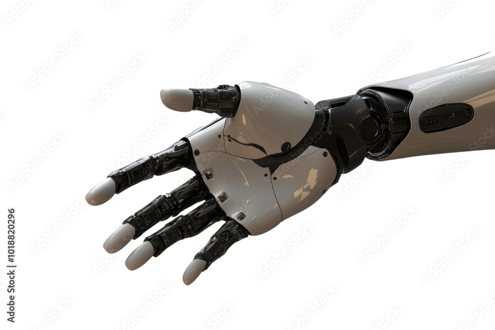 Poster futuristic robotic hand with intricate joint mechanisms, demonstrating advanced artificial intellige