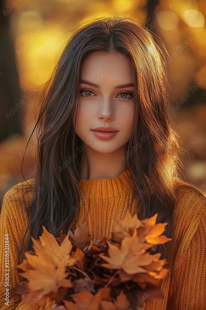 Wall mural Model young woman with autumn leaves in autumn park