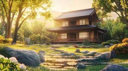 Obraz premium A traditional Japanese house with a beautiful garden and a stream.