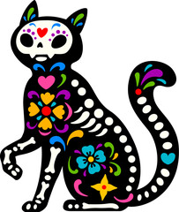 Dead Halloween skeleton, Mexican day of the dead cat animal tattoo. Isolated vector sugar skull dia de los Muertos sitting kitten figure with bones, heart and floral motifs, symbolizes departed pets