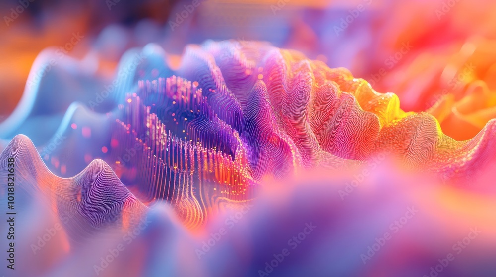 Poster a vibrant, abstract representation of waves and patterns in a colorful digital landscape.