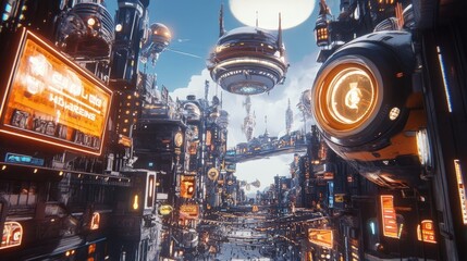 Futuristic city with flying vehicles, glowing lights, and a large moon in the sky.