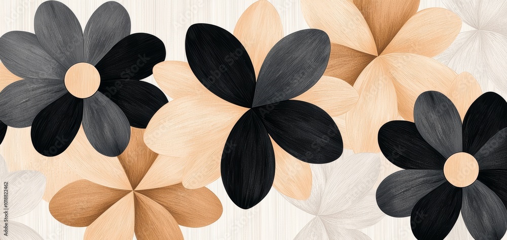 Poster geometric daisies in muted shades of grey and peach, repeating in a symmetrical grid for a minimal y