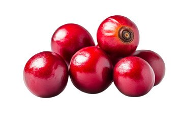 A cluster of vibrant, glossy red berries on a white background, showcasing their fresh and juicy appeal.