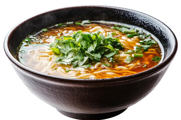 A delicious bowl of noodles topped with fresh herbs, served in an elegant dark bowl, isolated on a white background.