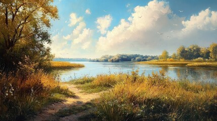 A picturesque view of a tranquil river winding through a lush forest on a sunny day, with a dirt path leading into the scene.