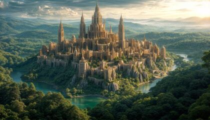 Fototapeta premium Magical city. A large and majestic castle stands proudly in a mountain forest, surrounded by tall trees and wildlife