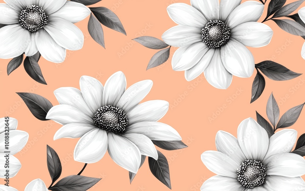 Poster monochrome daisies with detailed line work repeat across a soft blush background, emphasizing minima