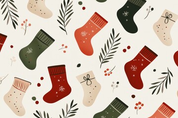Minimalist stockings outlined in muted red and green, repeating evenly across a soft cream background for a festive touch