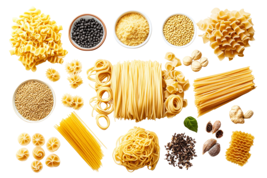 An assortment of various types of pasta and grains displayed on a white background.