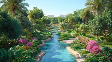 Obraz premium Lush tropical oasis with flowing river and vibrant vegetation under clear blue sky