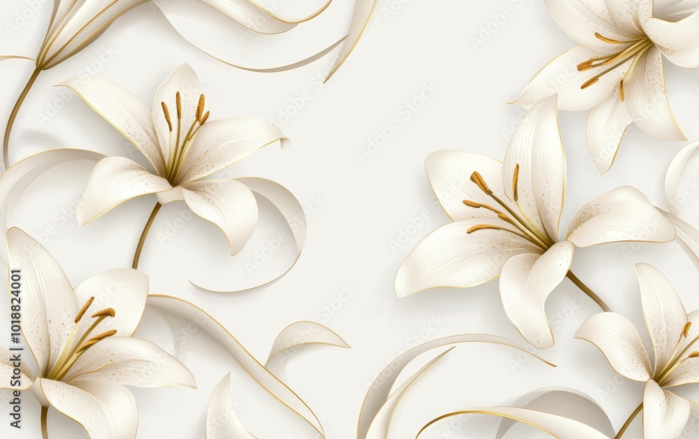 Aufkleber outlined lilies in soft gold with subtle stems repeating against a light ivory background, creating 
