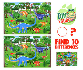 Find ten differences game. Prehistoric forest landscape with cartoon dinosaurs. Vector kids dino themed worksheet. Educational children riddle, leisure activity fun and engaging paleontological puzzle