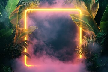 Fototapeta premium Glowing Yellow Frame Surrounded by Tropical Foliage in Smoky Atmosphere