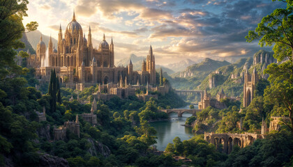 Fototapeta premium Ancient castle. A beautiful castle rises majestically in the middle of a dense mountain forest