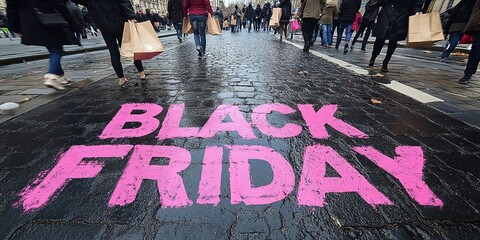 A close-up of a pink Black Friday inscription on the asphalt against a background of blurred people with colorful bags. The concept of discounts and sales