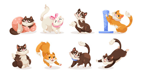 Fototapeta premium A set of adorable cartoon cats in various playful poses, displayed on a white background. The playful and joyful expressions of the cats are emphasized. Vector illustration