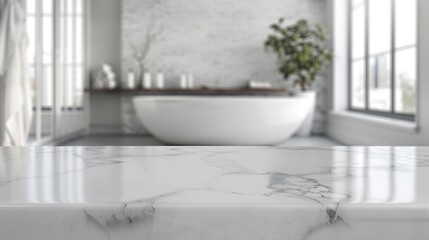 White marble countertop with blurred bathroom in background