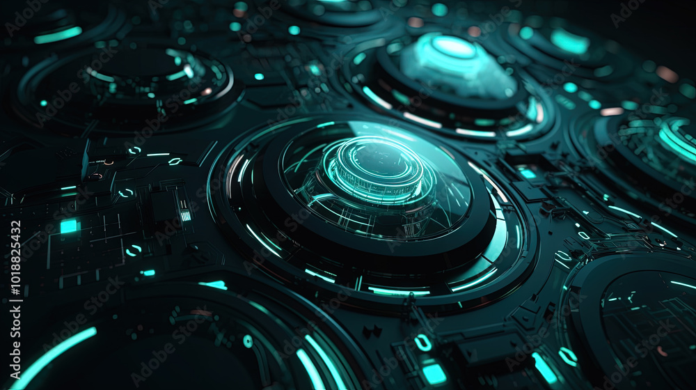 Poster Technology abstract background with hud styled round interface elements in neon tech light.