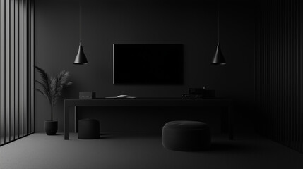 Minimalist Black Room with Messy Modern Decor – Black Monochrome Interior
