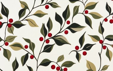 Simplified holly berries and leaves in pastel red and green, scattered asymmetrically on a soft beige backdrop