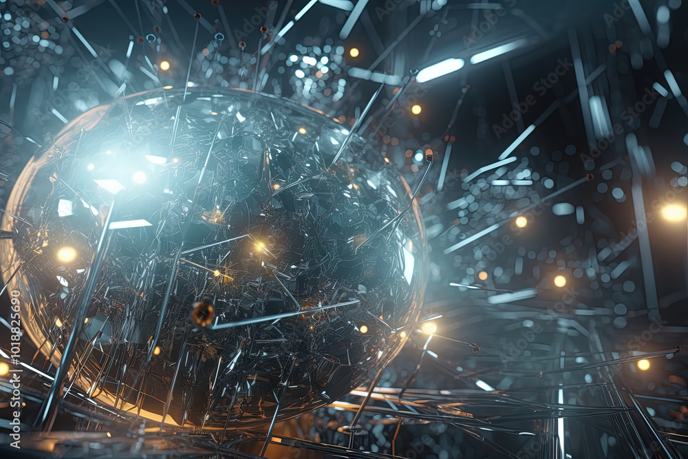 Poster Abstract burst of wires and particles on technology background. Scientific abstraction with mess of wires