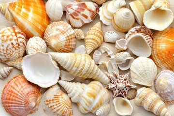 Variety of seashells on sandy beach displaying natural patterns and textures
