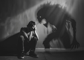 A man sits with his head in his hands, while a menacing shadow in the shape of a monster looms over him, symbolizing internal struggles and fear.
