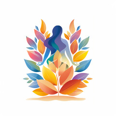A plump woman sits gracefully in a lotus position, completely surrounded by vibrant and colorful leaves that create a beautiful atmosphere around her