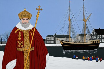 Obraz premium Sinterklaas arrival in dutch harbor with traditional ship and festive crowd