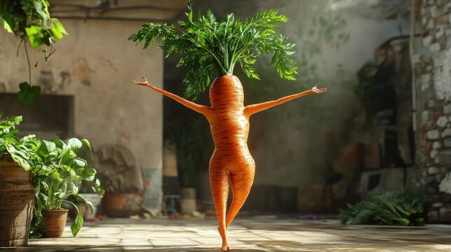 A human-shaped carrot stands tall, arms outstretched, in a sunlit, overgrown courtyard, embodying a sense of growth and resilience.